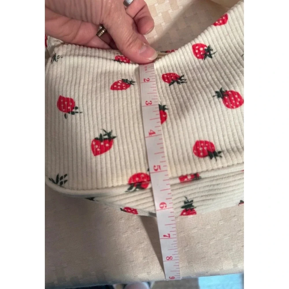 Strawberry Print Corduroy Shoulder Bag Cream Ruched Handle Bag Mini